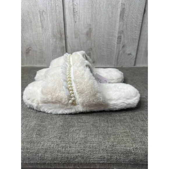 Womens Furry Slippers Open Toe Pearl & Ruffle Accent Non-Slip Sole Size M/L 8-10 - Picture 4 of 7